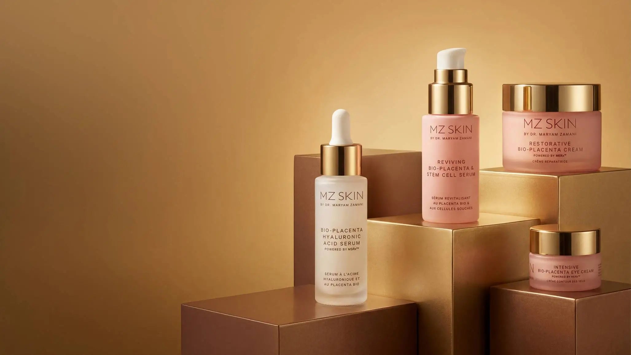MZ Skin skincare products on a gold geometric background