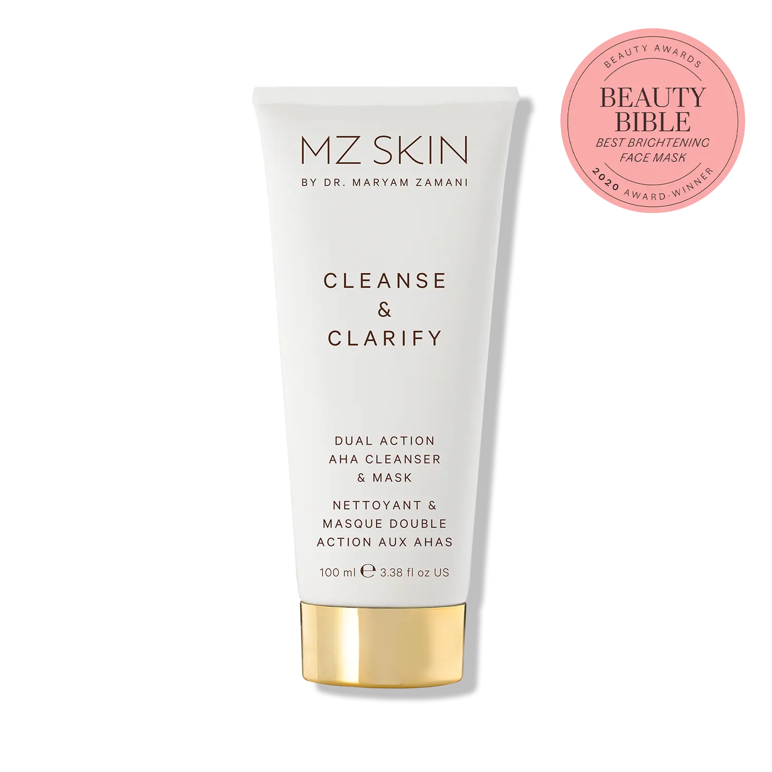 MZ Skin cleanse and clarify product with award badge on white background