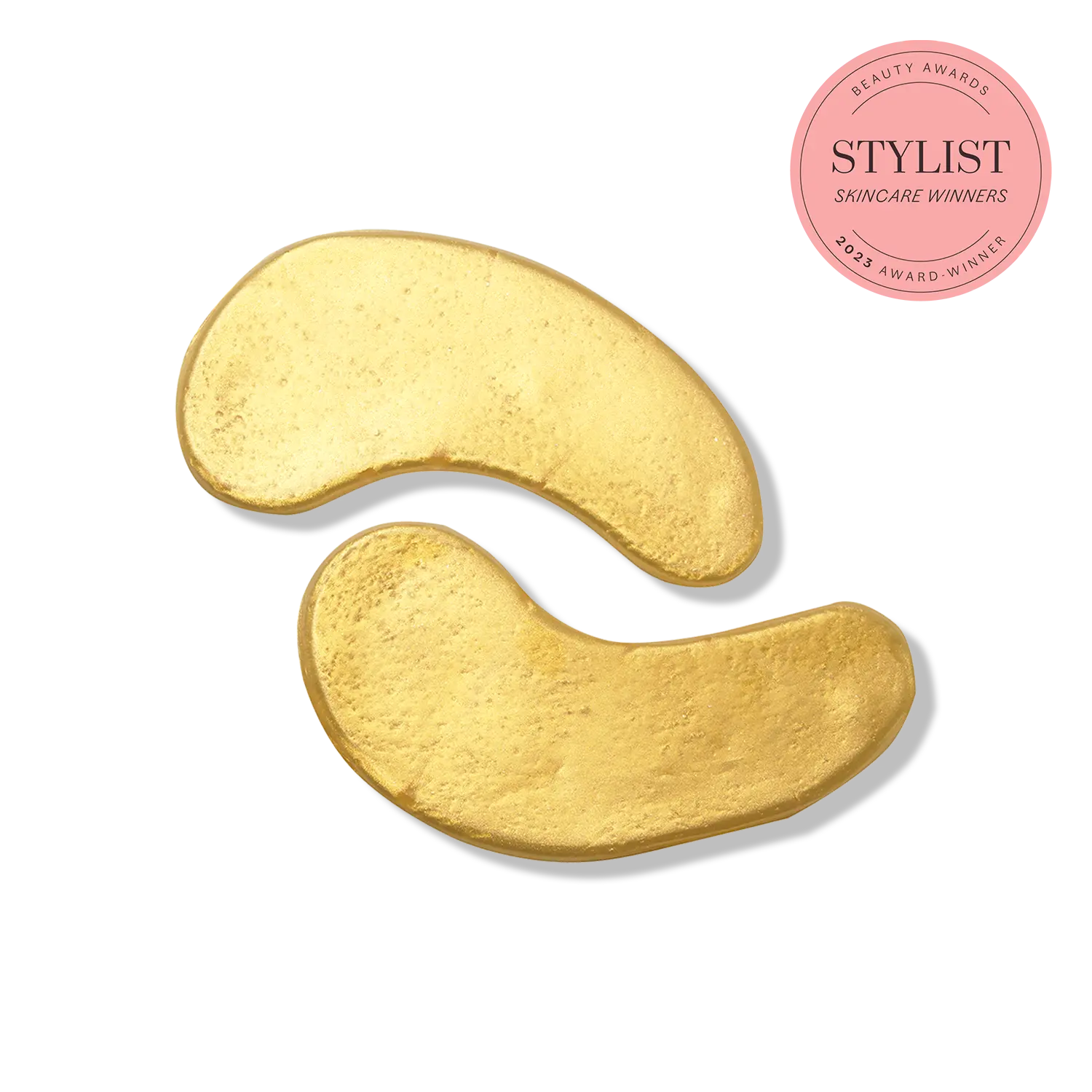 Gold eye masks on a white background with 'Stylist' skincare award badge.