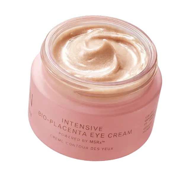 Pink jar of intensive placenta eye cream on a white background