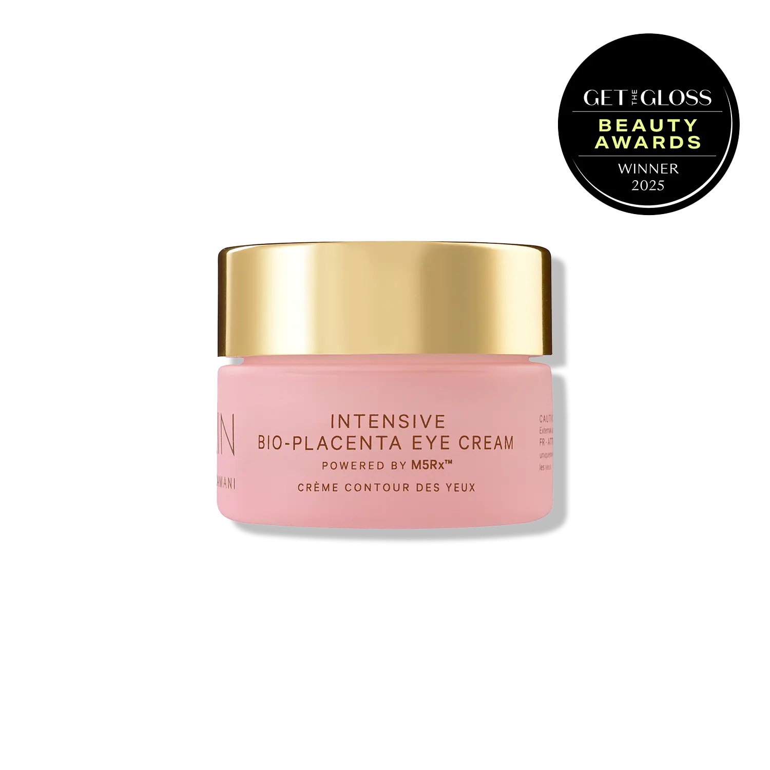 Pink eye cream jar with gold lid on a white background, featuring a Get the Gloss Beauty Awards 2025 badge.