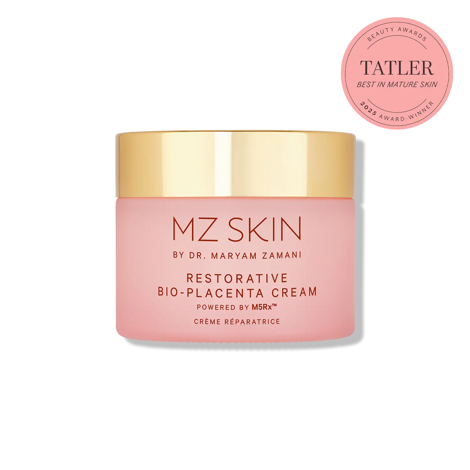 Pink jar of MZ Skin cream with gold lid on a white background, featuring Tatler award badge.