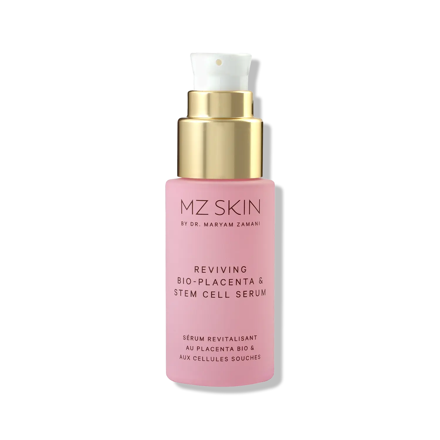Pink skincare serum bottle with gold cap on a white background