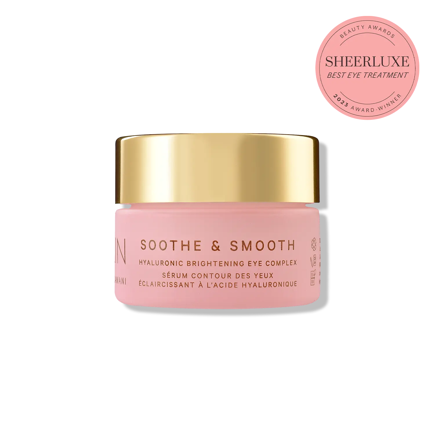 Pink eye cream jar with gold lid on a white background, featuring SheerLuxe award badge.