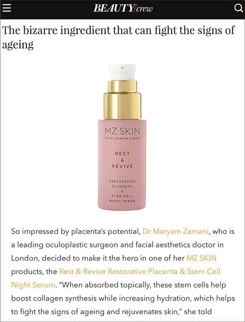MZ Skin Featured in Beauty Crew for the Use of Placenta and Stem Cells