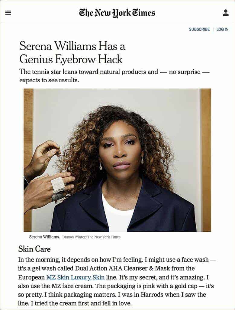 Serena Williams expresses her love for MZ Skin Featured in NY Times