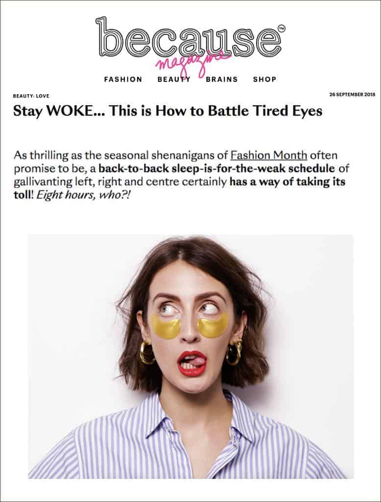 Hydra-Bright Golden Eye Treatment Mask Featured in Because Magazine